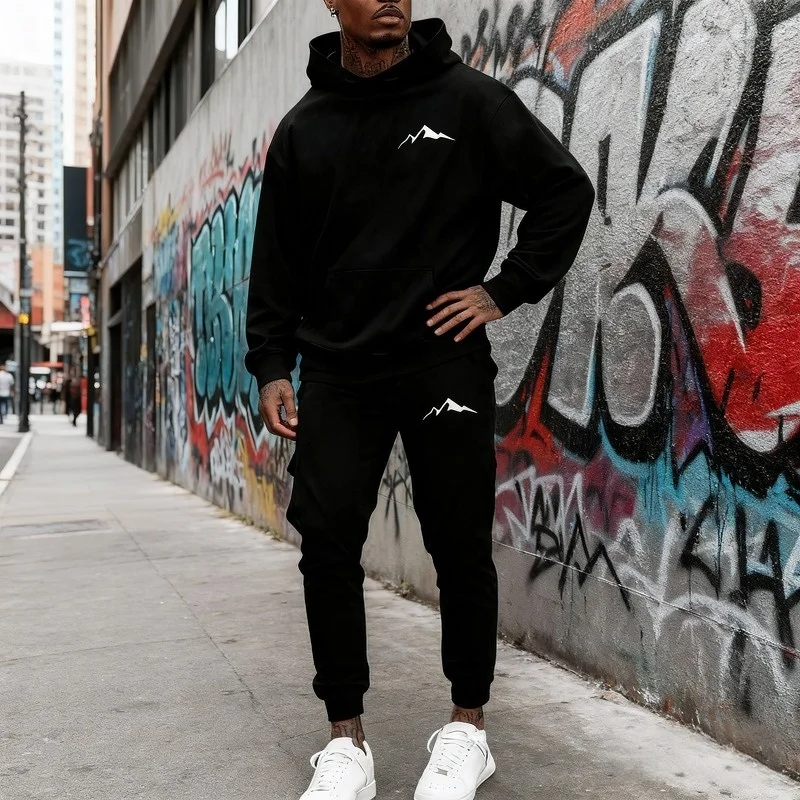 

2026 Men's Fleece Hoodie Trouser Set Mountain Print Two Piece Casual Street Hoodie and Sweatpants Fashion Casual Set 2 Piece