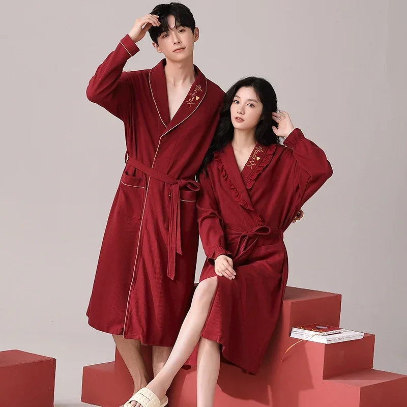 

2024 Autumn Couple Long Sleeve 100% Cotton Kimono Robes for Women High Quality Soft Sleepwear Bathrobe Men Homewear Home Clothes