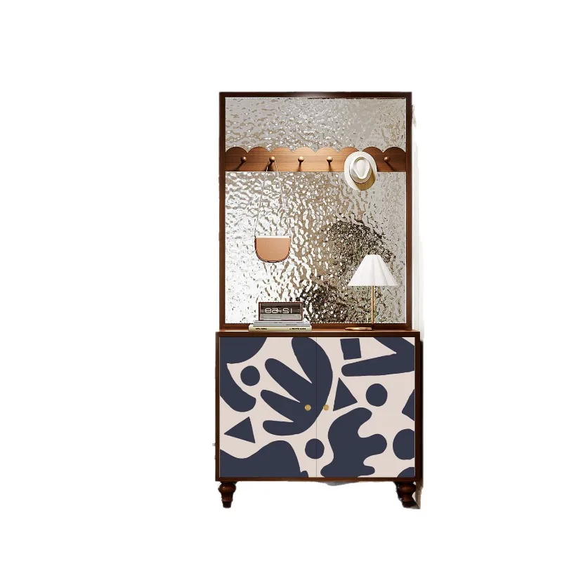 Solid wood water pattern glass entry door screen partition living room storage shoe cabinet y