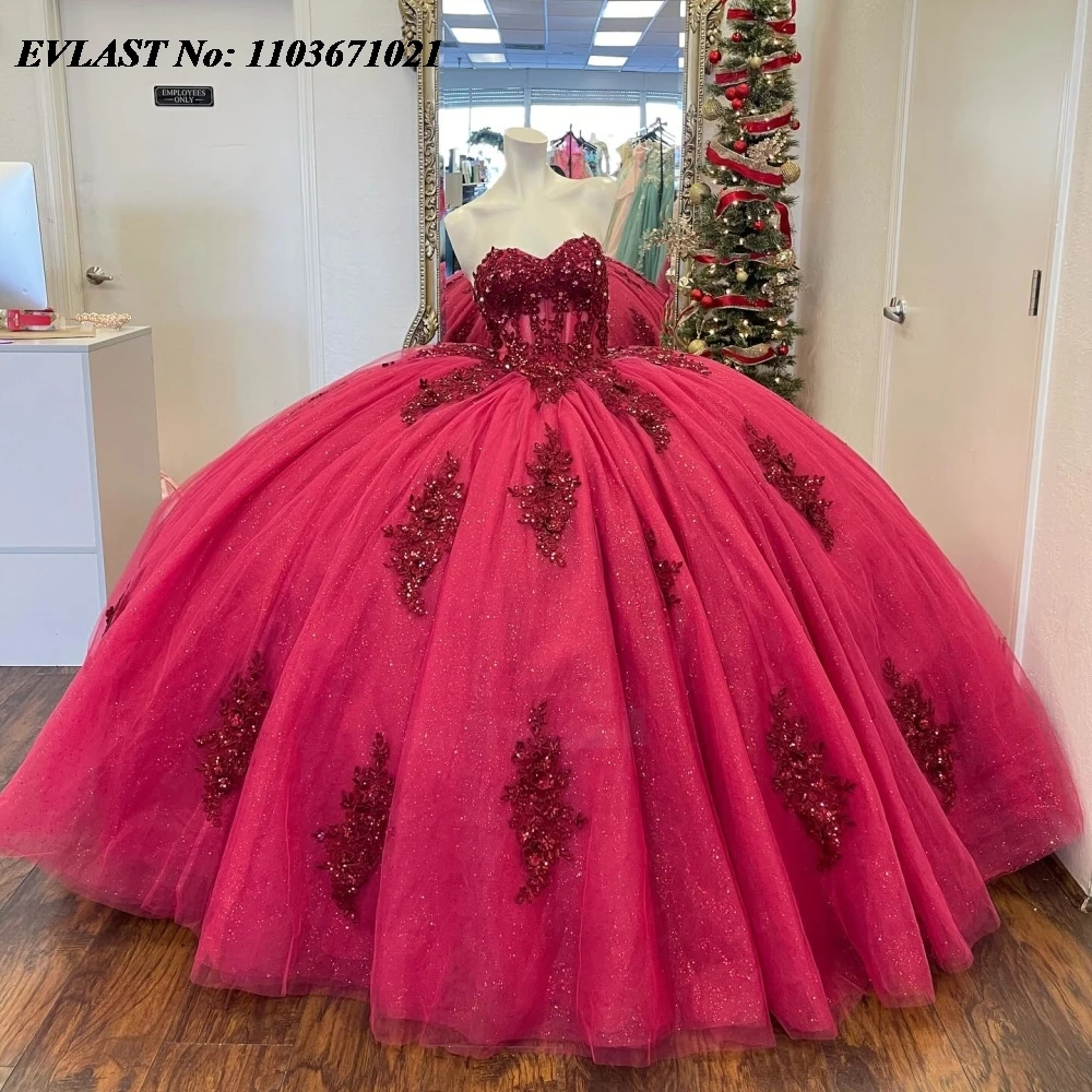 

EVLAST 2024 Pink Quinnceanera Dress Ball Gown Sequins Applique Beaded Crystal Mexico Corset Sweet 16 Vestidos De 15 Anos SQ693