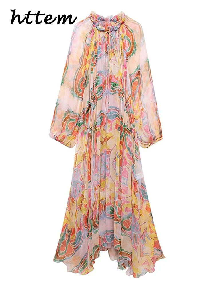 

Fashion Print Tulle Lace Up Dress Women Loose O-neck Long Lantern Sleeve Pleated Female Dresses 2024 Summer Lady Colorful Robes