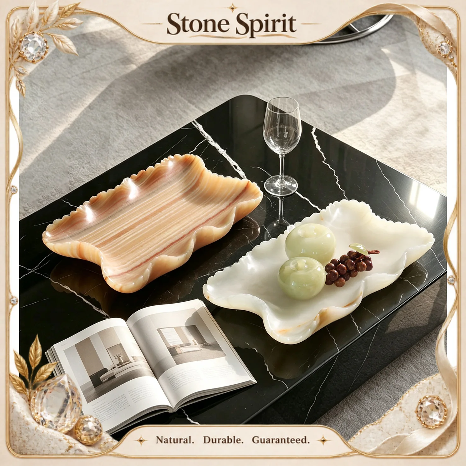 White Onyx Natural Marble Fruit Tray Ruffled Edge Decorative Tray Hand‑Carved Dish for Coffee Table Living Room Home Decor