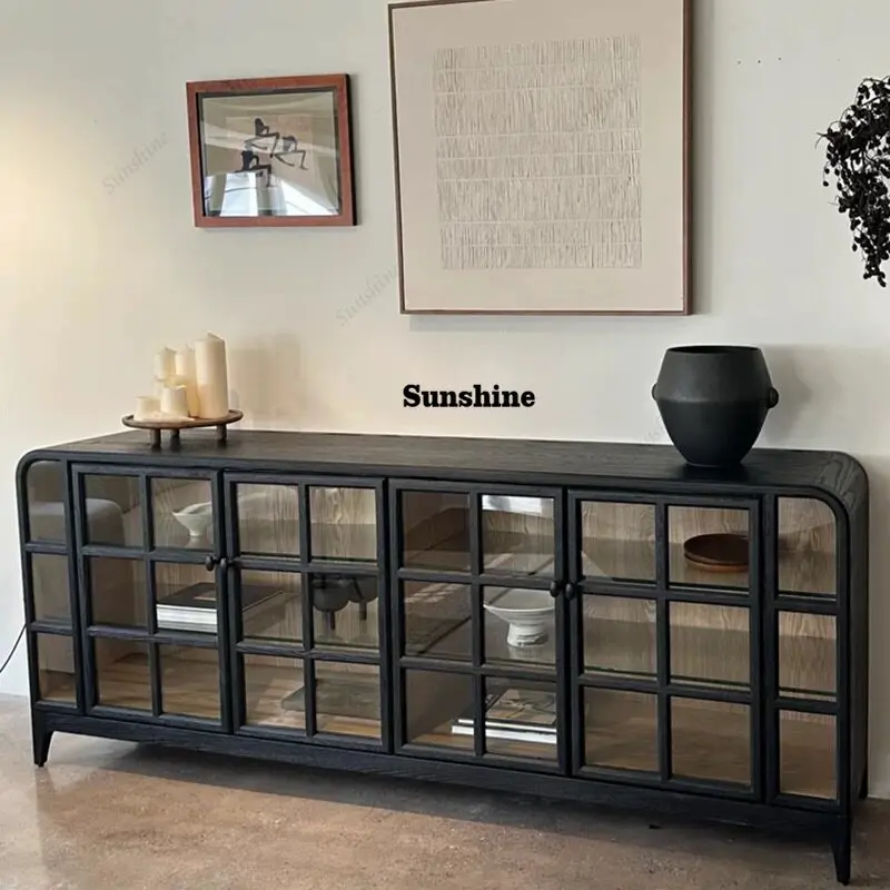 

French retro solid wood side cabinet, multi-functional glass door locker black