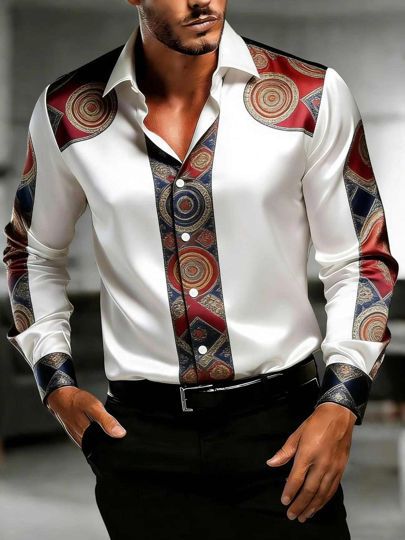 New Thorn Skull Large Flower Printed Long Sleeve Shirt Light and Thin Collar Men's Seaside Beach Trendy Top