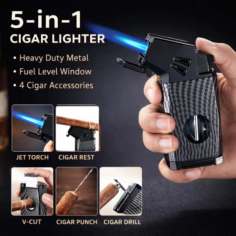 New Blue Flame Cigar Lighter V-Smoke Knife Cigar Drilling Rig Anti-hit Fork Visual Ventilation Multifunctional Ignition Lighter