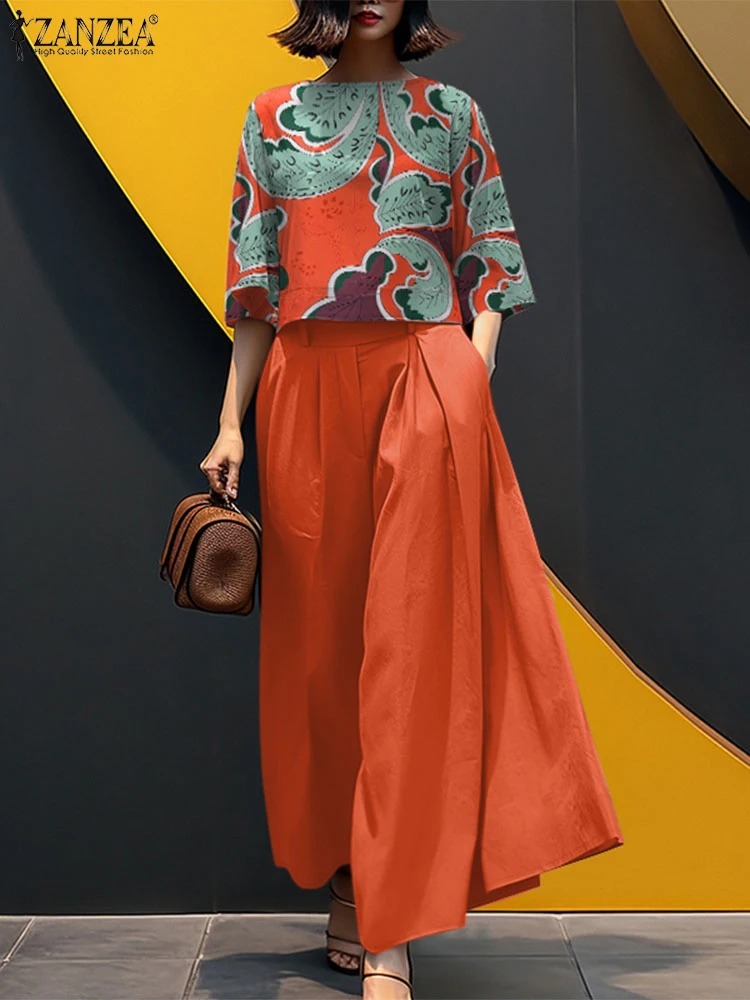 

2025 ZANZEA Summer Wide Leg Trousers Suit Women Stylish Work Matching Sets 3/4 Sleeve Printed Blouse Pant Sets Loose 2PCS Outfit