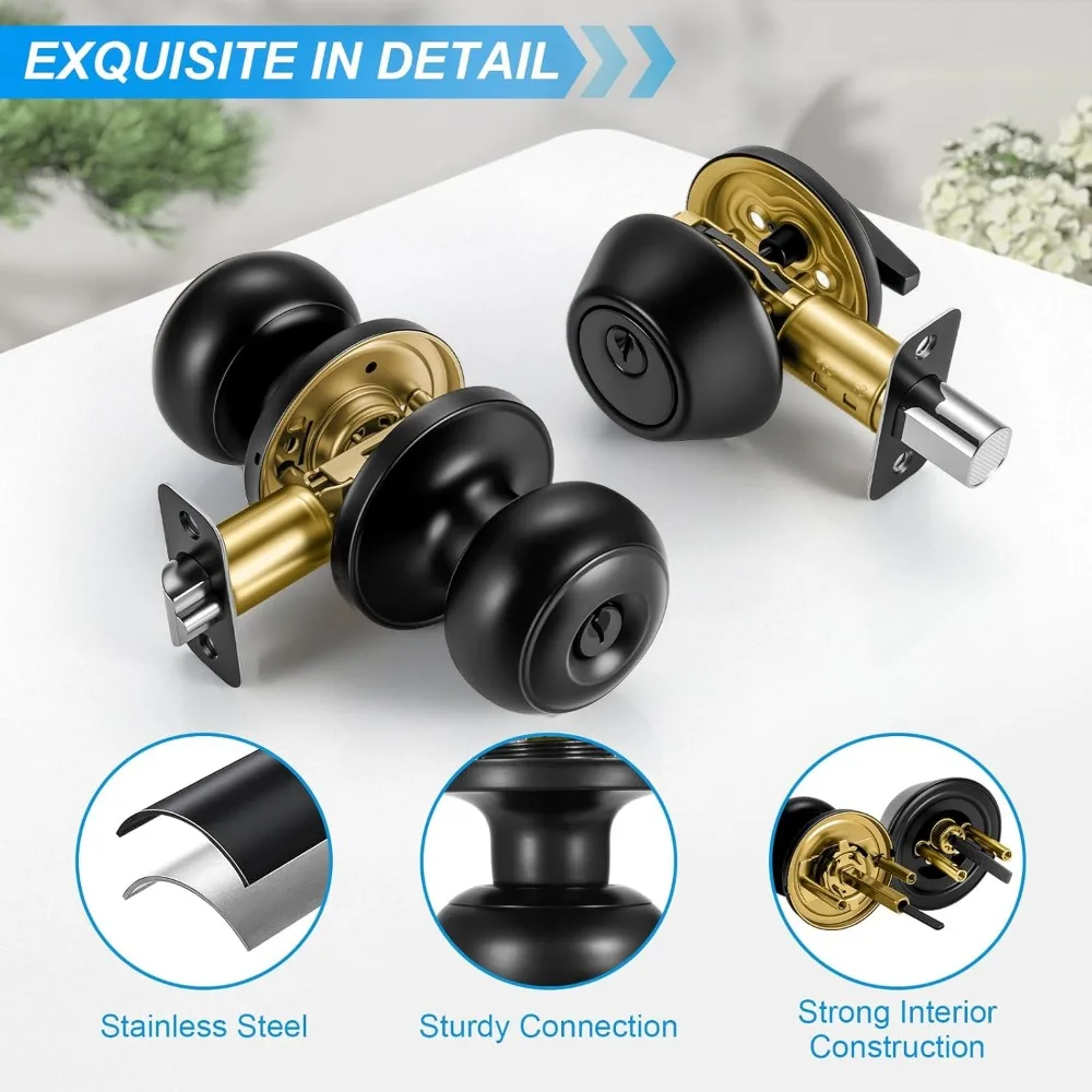 مجموعة قفل الباب الأمامي باللون الأسود غير اللامع مع ديدبولت وأسطوانة واحدة، ودخول بدون مفتاح، ومجموعة مقبض باب الأمان