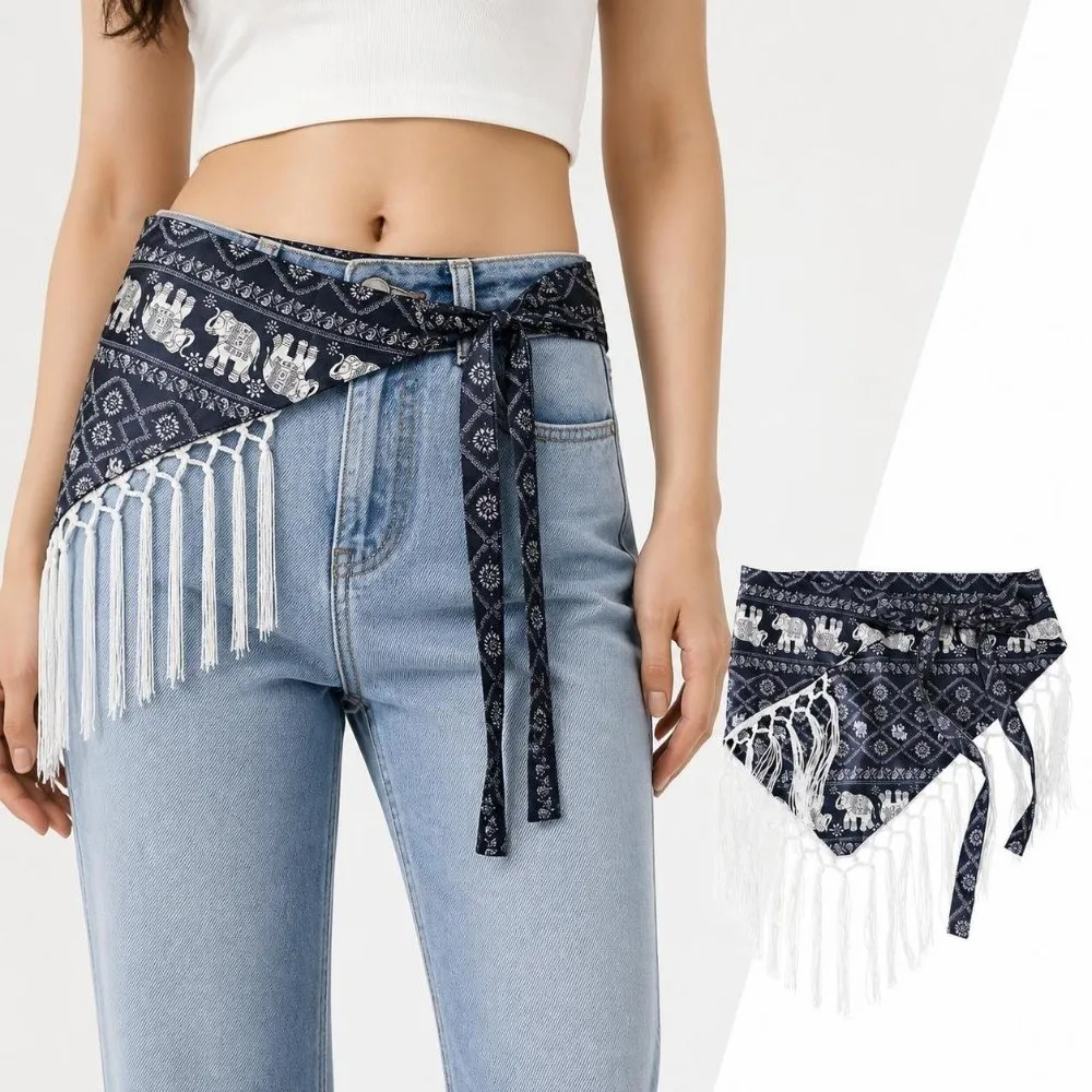 Decorative Paisley Print Hip Scarf Self-tie Floral Bandana Style Waist Wrap Tassel Fringe Triangle Cover Up Y2K Style