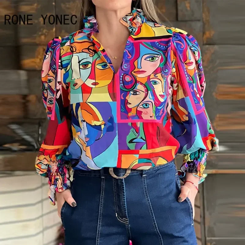 2023 Women Chic Allover Print Edible Tree Fungus Hem Puff Sleeves Blouse Tops