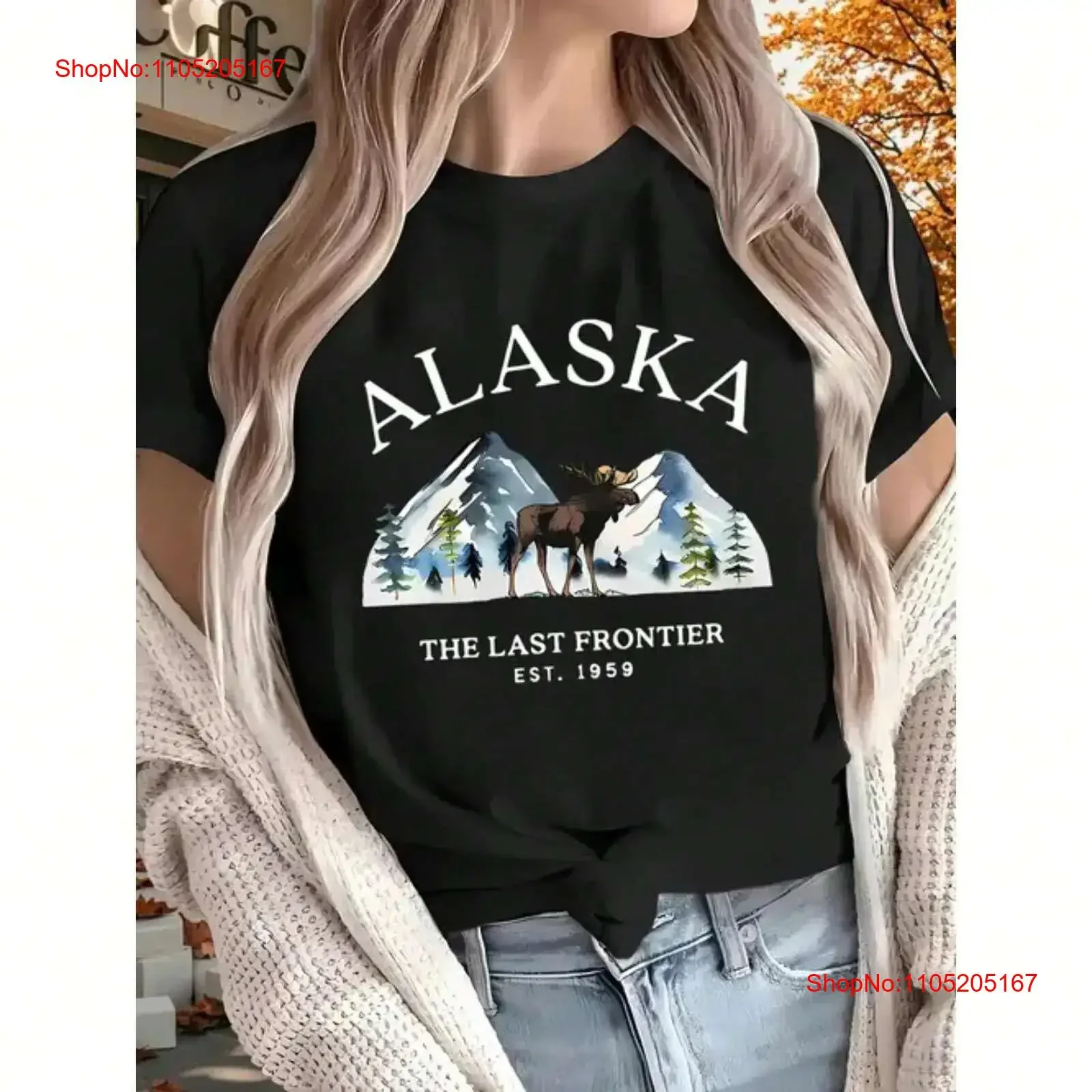 Women's round neck shirt Alaska 2025 mountain and reindeer print T vintage Washed fashion Slightly Breathable Stretched