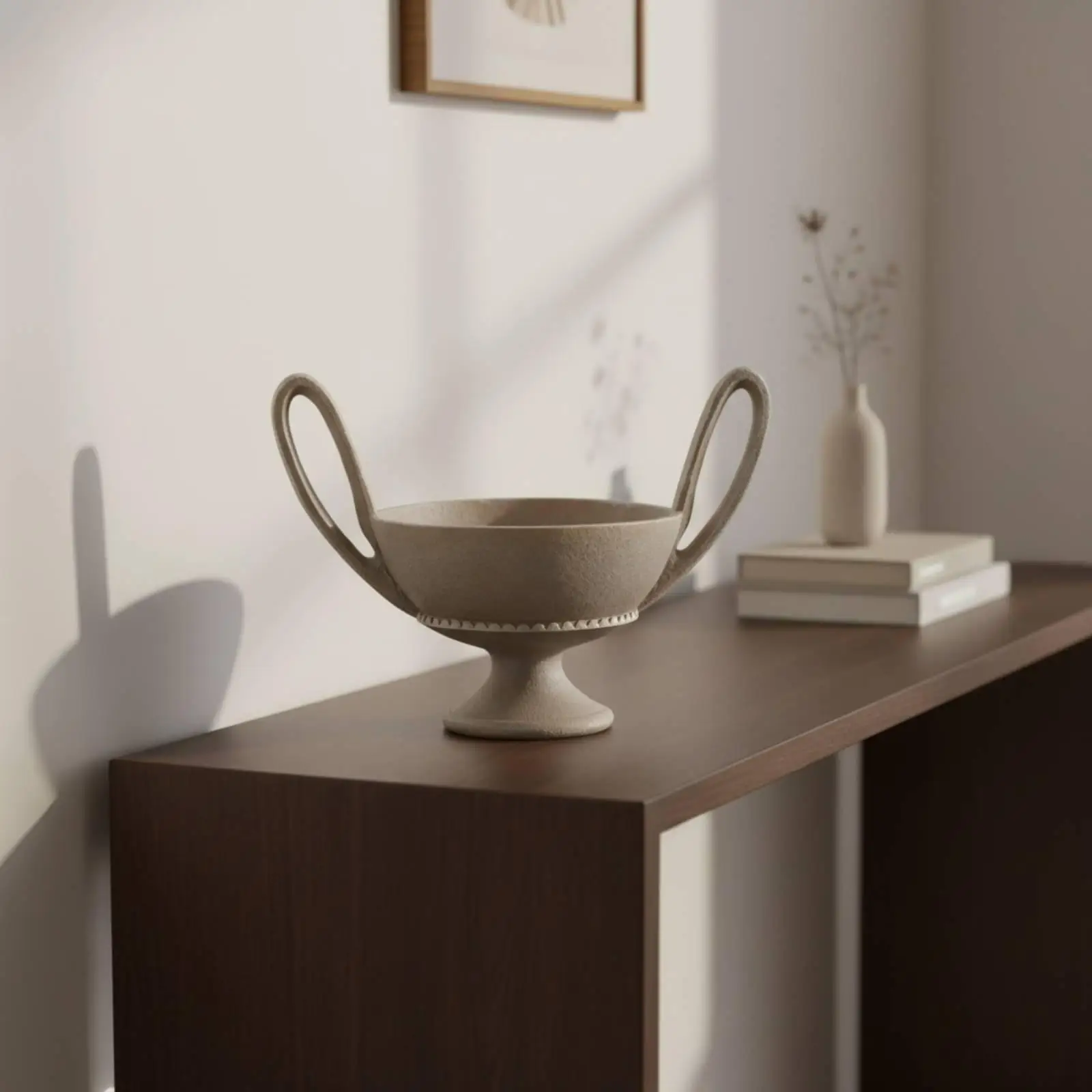 Decorative Tray with Loop Handles Textured Matte Pedestal Bowl Aesthetic Centerpiece for Living Room