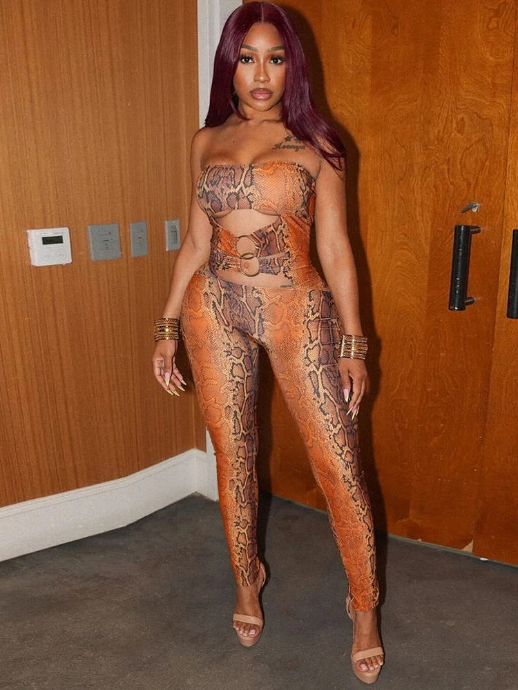 

Sisterlinda Y2K Sexy Snake Print Jumpsuit Women Strapless Hollow Metal Cirque Midnight Workout Activity Hipster Stretch Overalls