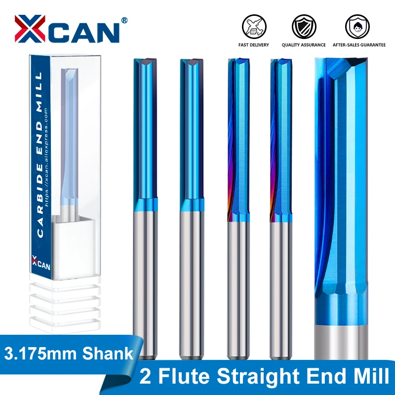 XCAN 10pcs Straight End Mill 1/8 inch Shank CNC Router Bit Nano Blue Coated Carbide Milling Cutter for Woodworking Tool