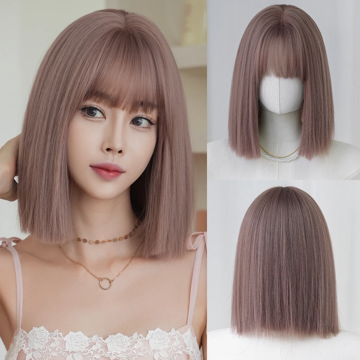 

7JHH WIGS Short Straight Pink Brown Wig for Women Synthetic Modest Fashion Wear and Go Ash Pink Bob Wigs with Neat Bangs