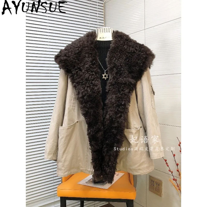 AYUNSUE Women's Down Coats and Parkas Warm Sheepskin Shearling Collar Women Winter Coat Mid-length Down Jackets Woman Clothes