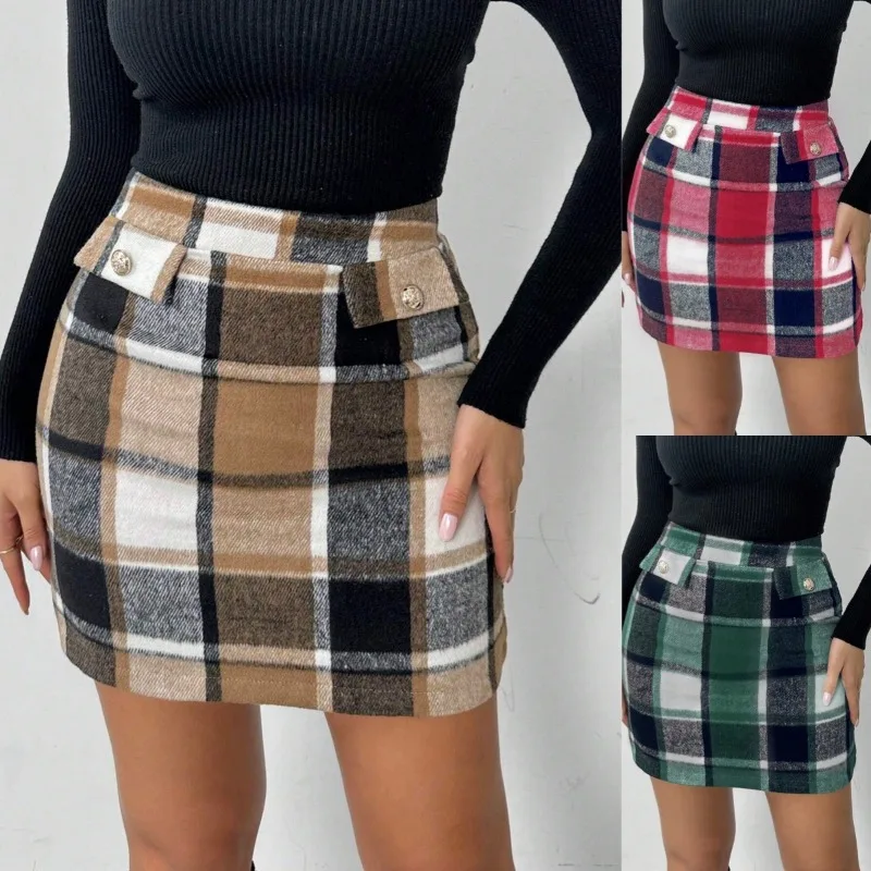 

Женская мини-юбка из шерстяной смеси в клетку с высокой талией, облегающая, с пуговицами, для осени и зимы