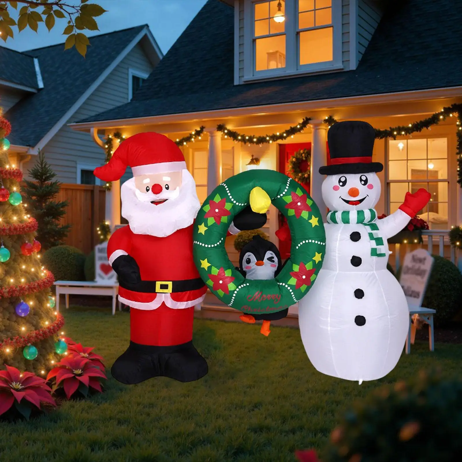 Christmas Inflatables Decoration,Outdoor,Light up,Xmas Decoration Santa Penguins Snowman with Wreath for Yard Holiday Lawn view 4