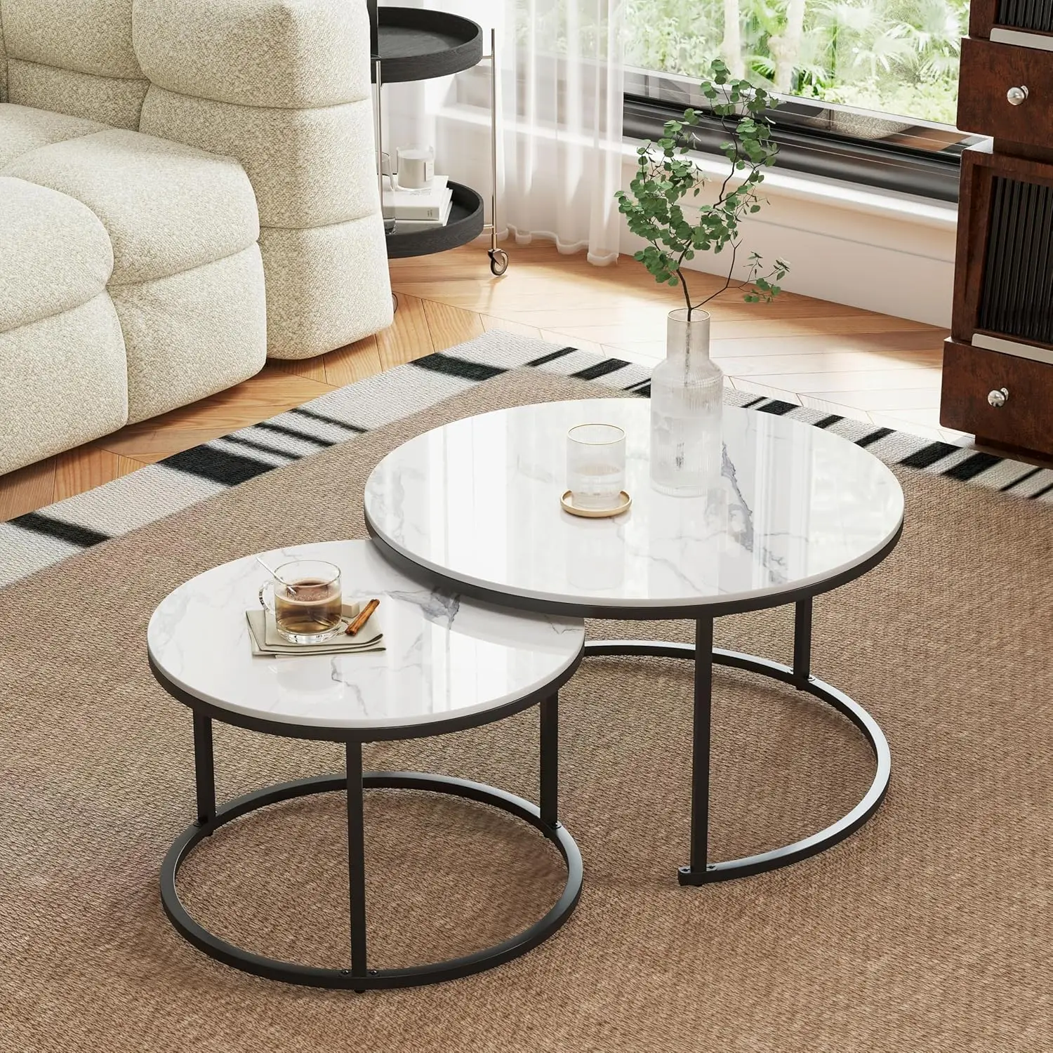 

Round Nesting Coffee Table, White Modern Decorative Coffee Center Table Set of 2,Round Sintered Stone 24'' Coffee Table for Livi