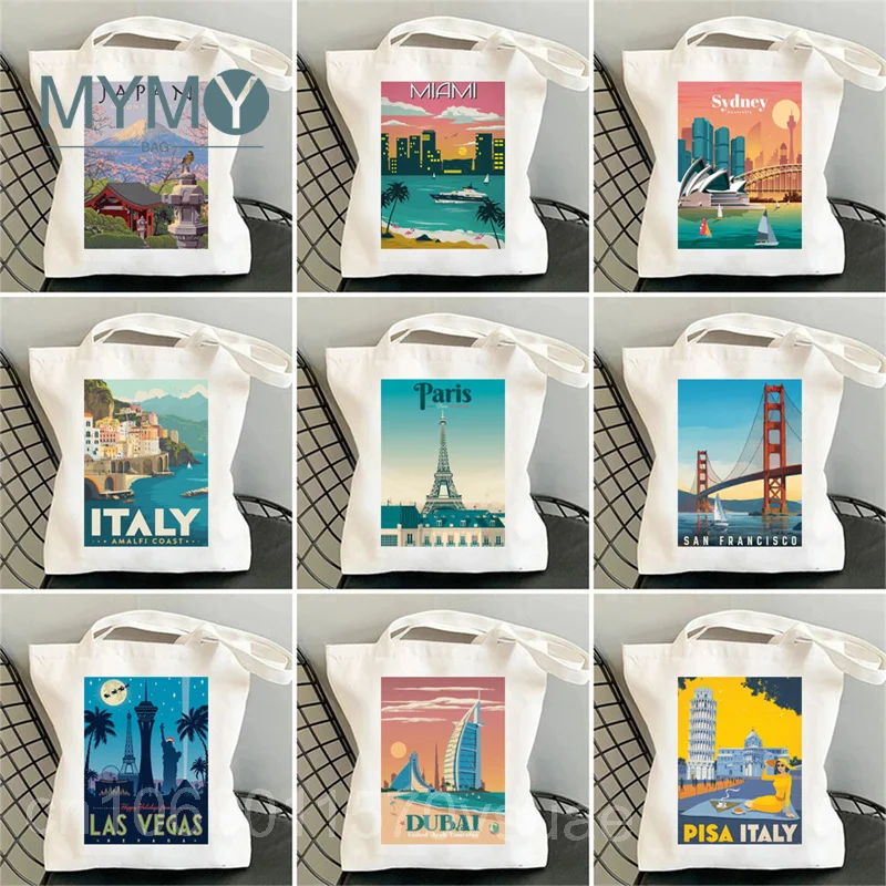 Travel City Shoulder Bag for Women Paris Tokyo Sydney Building Signs Reusable Eco Handbags Large Capacity Canvas Casual Tote Bag