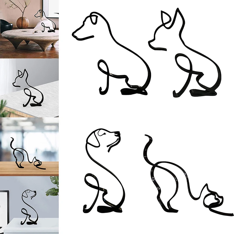 Metal Dog Cat Figurine Cute Animals Shape Sculpture Art Statue Abstract Minimalist Ornaments Home Office Desktop Decoration Gift