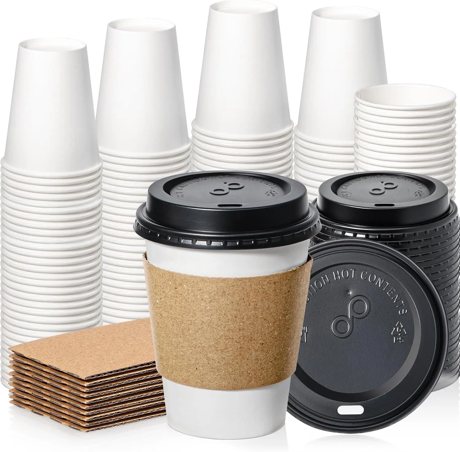 

100 Pack 12 oz Disposable Coffee Cups with Lids and Sleeves, Leak-Proof To-Go Paper Cups for Hot Beverage, Home Office