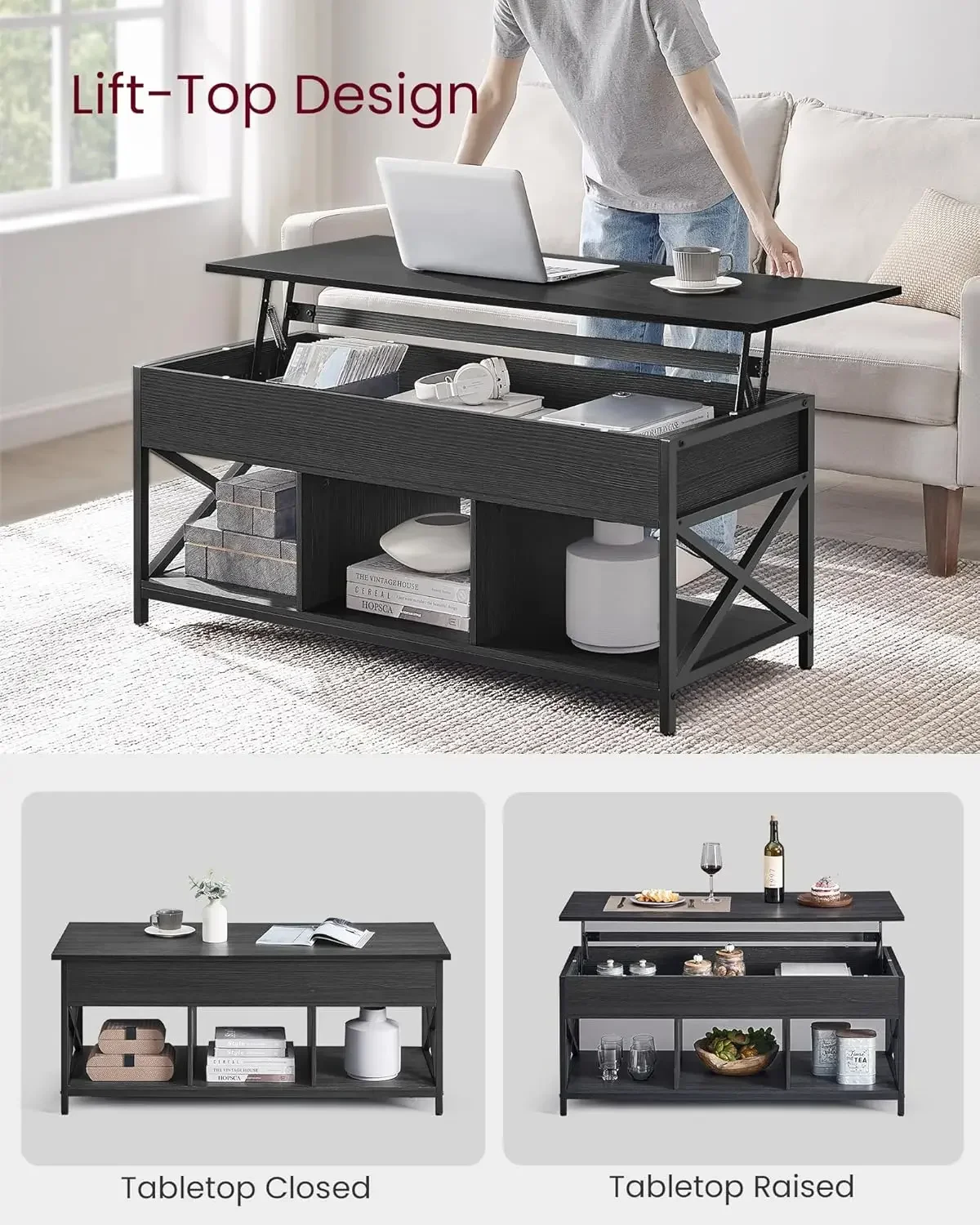 Lift Top Coffee Table, Lift Coffee Table with Storage Shelf for Living Room, OfficeBlack with Wood Grain
