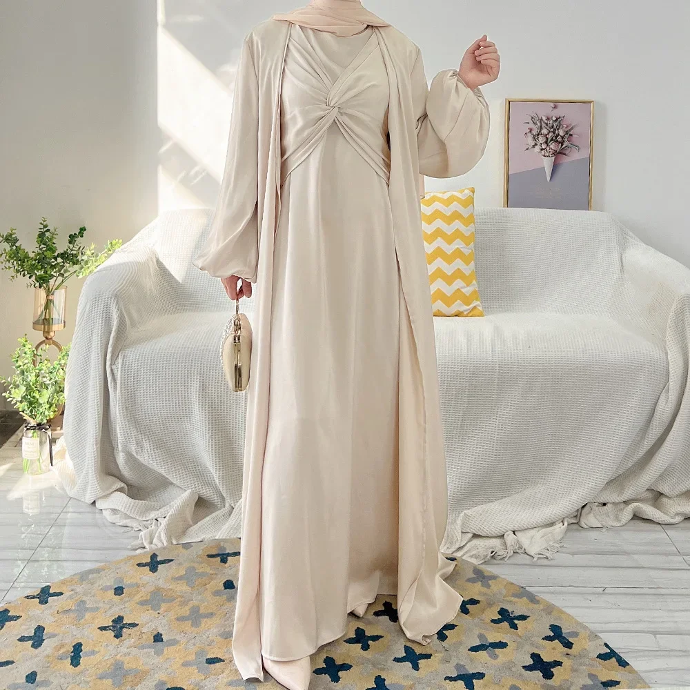 Ramadan Eid Abiti Donna Abaya Dubai Due pezzi Set musulmano Abito Abaya Dubai Turchia Musulmano Islam Abaya Abito da sera in raso