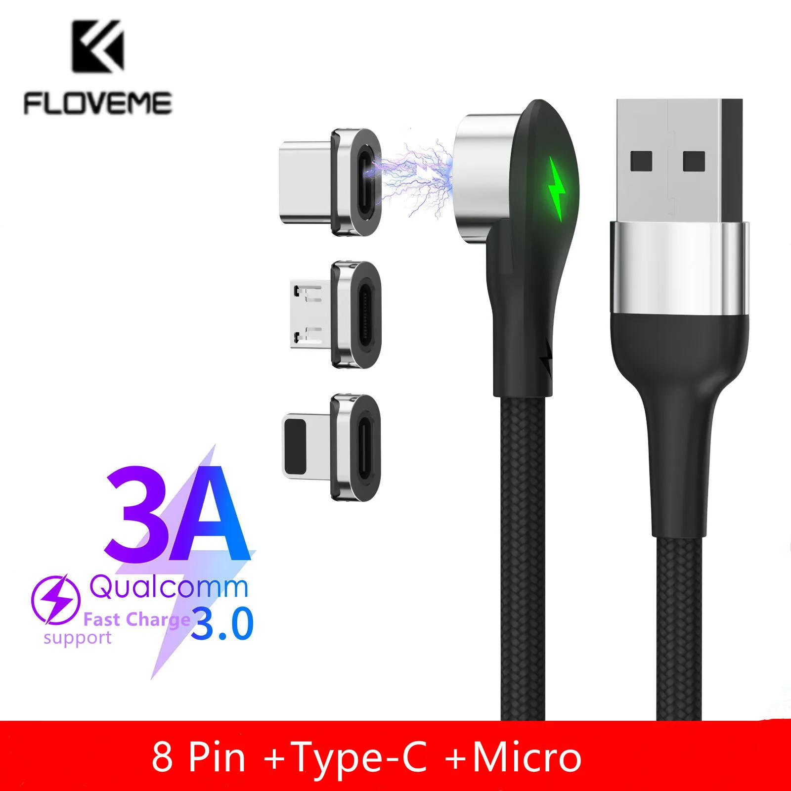 

FLOVEME 3 in 1 Micro USB Magnetic Cable Fast Charging Magnet Charger Type-C Cable with LED Phone Wire Cord For iPhone Xiaomi New