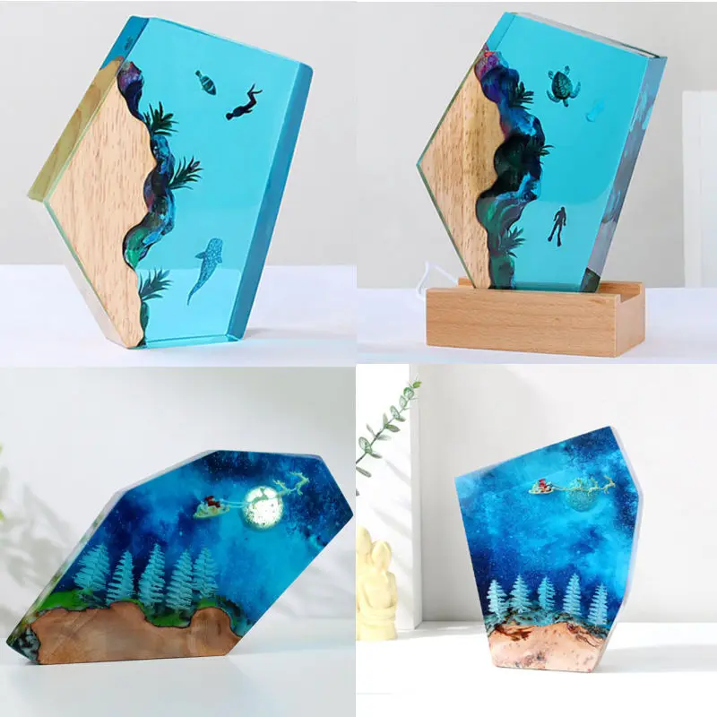 Creative Resin Seabed World Organism Diving Exploration Santa Elk Figurines Glowing Light Desk Ornament for Christmas Night Gift