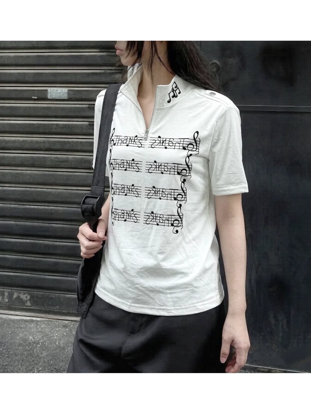 New Summer Retro Subcultural Punk Half Zipper Half High Collar Short Sleeve Top with Five Line Music Note Printing Street Trend