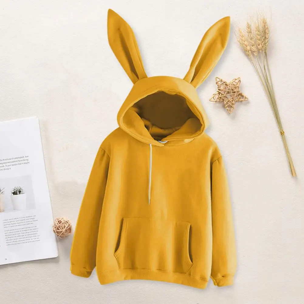 Women Solid Color Hoodie Cozy Bunny Ear Hoodie for Women Soft Warm Hooded Top with Drawstring Elastic Cuff Fall Winter Loose