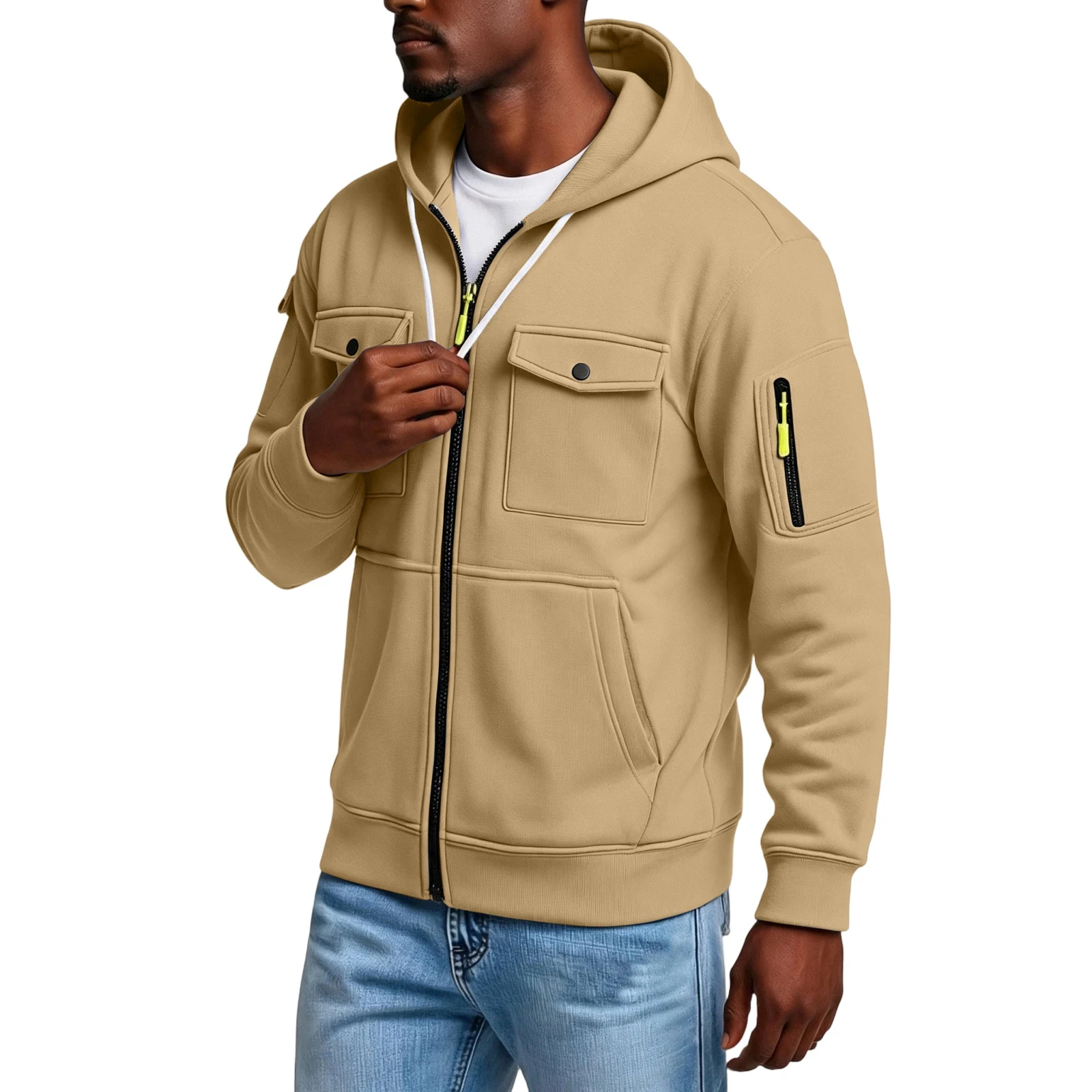 Men's Casual Sports Jackets Fashion Multi-Pocket Zip Hoodie Coats Outdoor Cargo Jackets for Sports and Daily Wear view 3