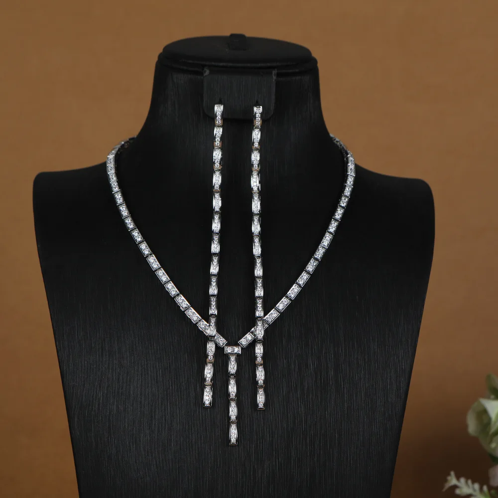 

HIBRIDE New Elegant Simple Everyday Dress Decorative Jewelry Long sliver color necklace earrings for wedding party gifts S-1070