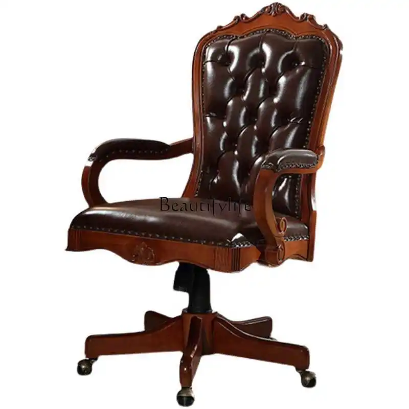 

*American leather solid wood swivel chair lifting European computer chair