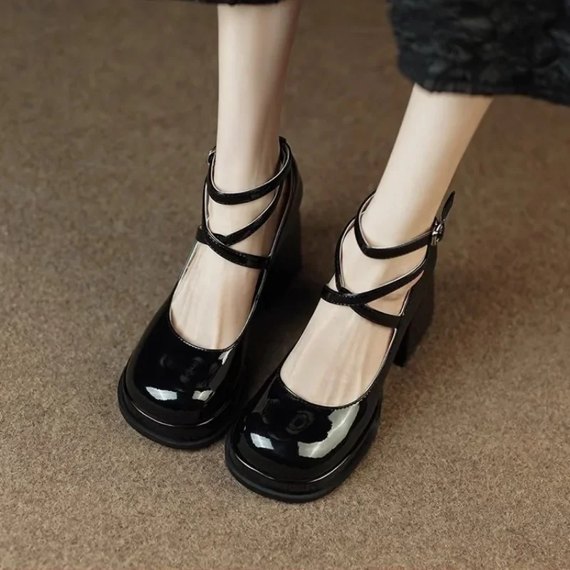 2024 Women's Mary Jane Shoes for Women Super High Heels Double Buckle Lolita Shoes Pumps Elegant Ladies Patent Leather Wed Shoes