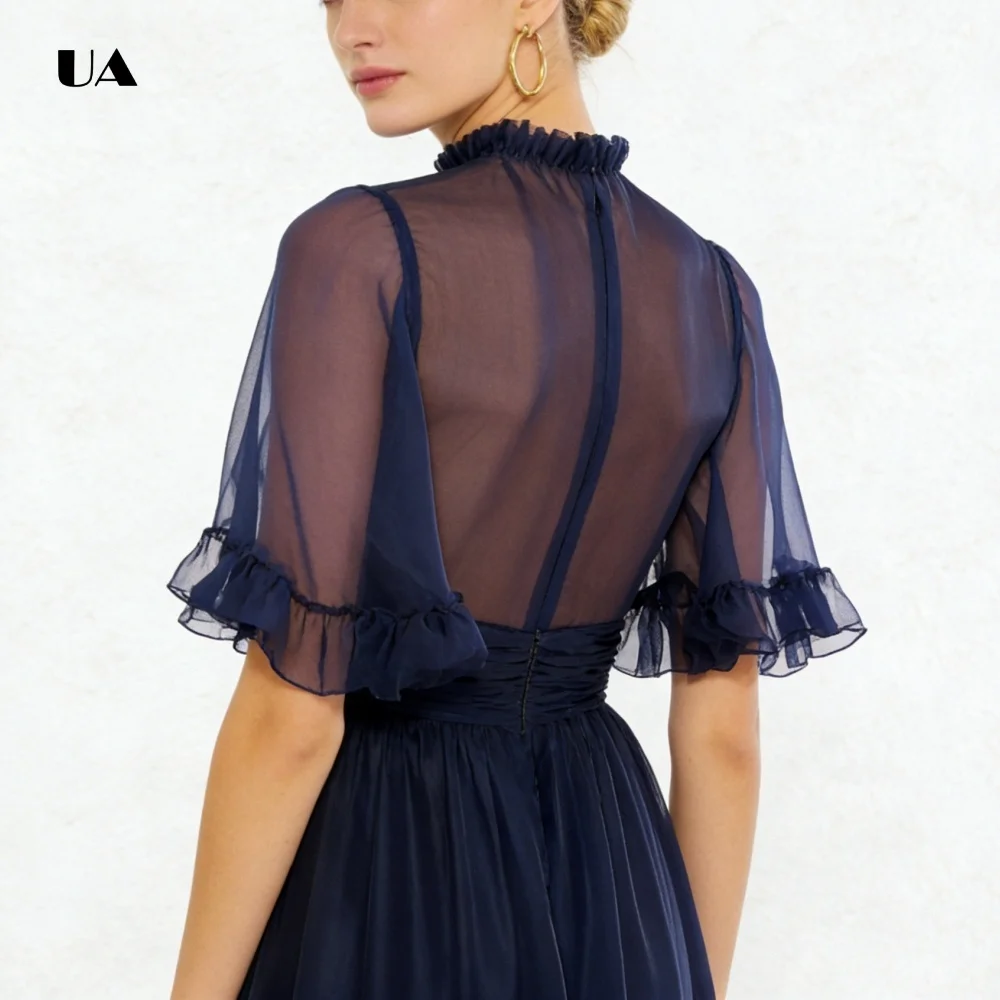 ULBYANRY Ruffled Organza High-low Prom Dress Solid Mock Neck Evening Dress for Woman Sheer Flutter Sleeve Customized Party Gown