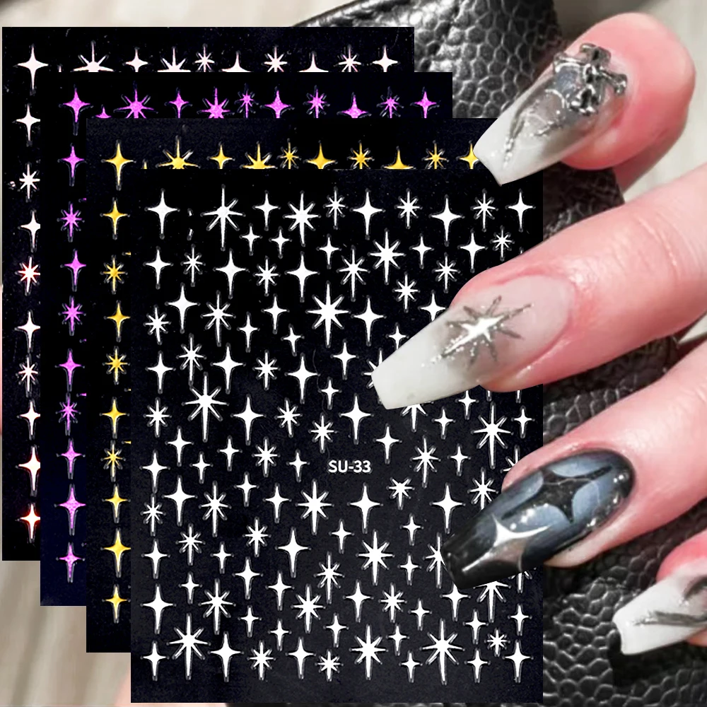 Pegatina de uñas de estrella de cuatro puntas, 3D, plata, láser dorado, Cruz Starlight, autoadhesiva, decoración de manicura DIY