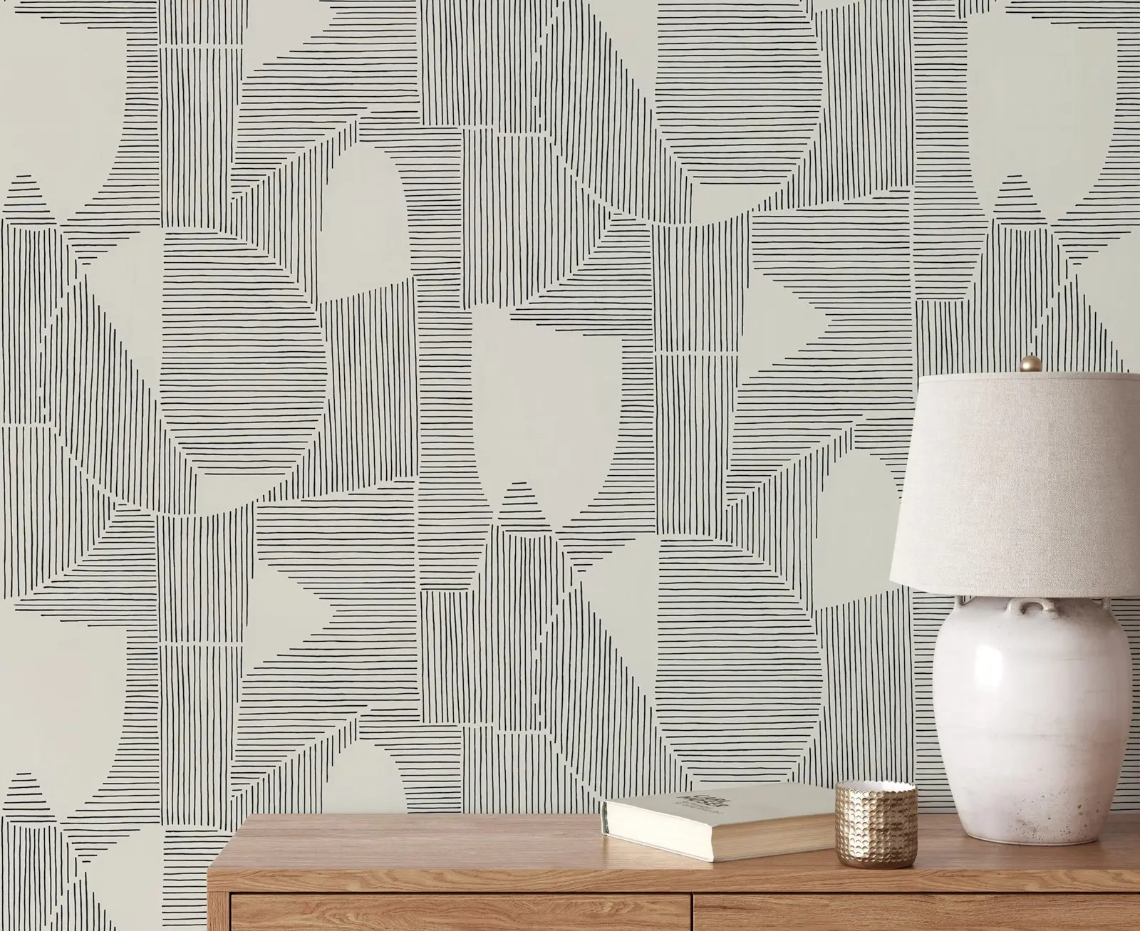 Peel and Stick Graphique Wallpaper in Cream/Black, Geometric Wallpaper with abstract tracing of geometric and circular shapes