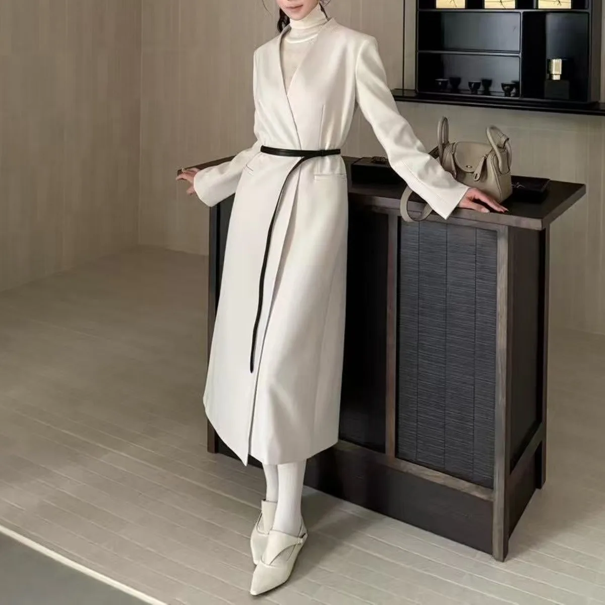 BJTZ V-neck Office Lady Temperament Mid-length Jacket For Woman 2025 Spring Autumn New Long Sleeve Solid Color Female Overcoat