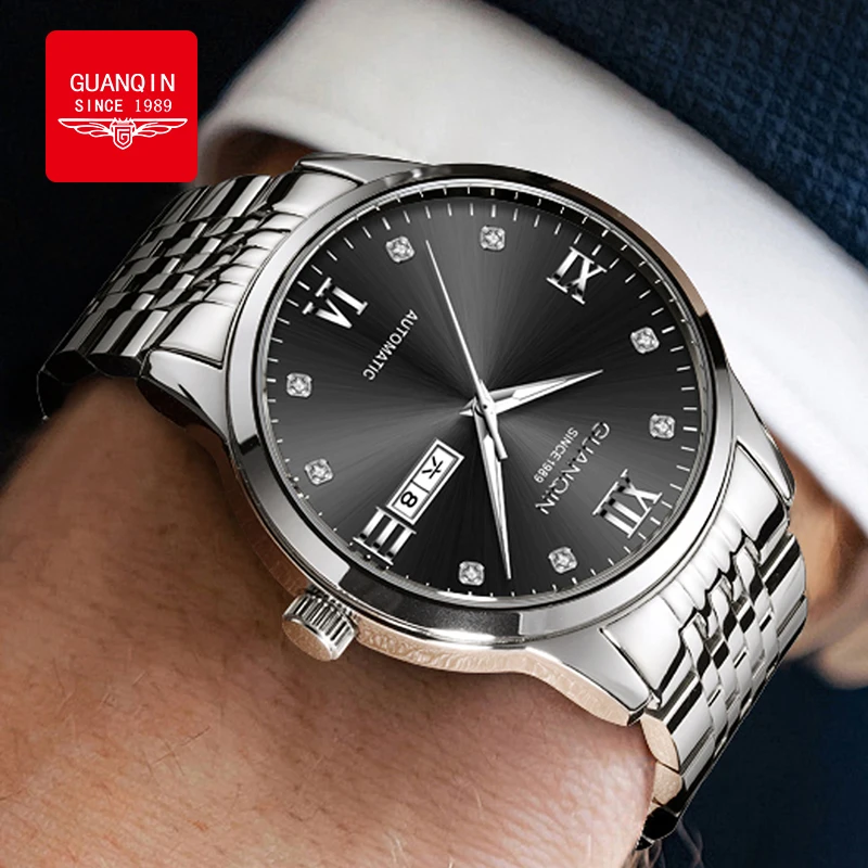 Мужские автоматические механические часы GUANQIN с ремешком из нержавеющей стали, деловые повседневные, оригинальный бренд, с ночной подсветкой, водонепроницаемые наручные часы