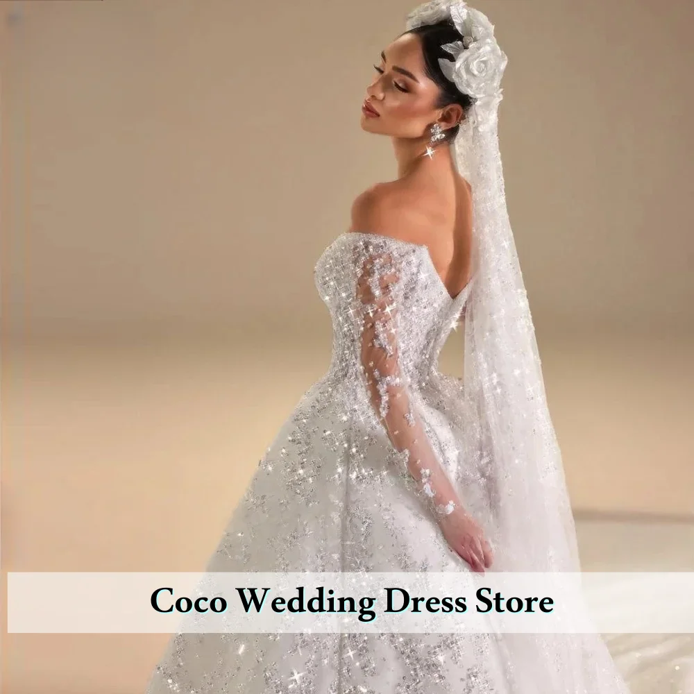 Personalizado requintado vestidos de casamento vestido de baile com decote em v manga longa lantejoulas apliques até o chão vestido de noiva novia