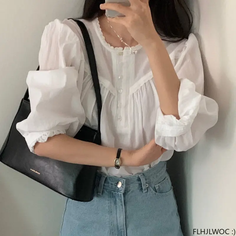 Chic Korea Tops Blusas Women 2023 New Design Solid Color Casual Loose Belly Cotton Blends Retro Vintage Shirts Blouses