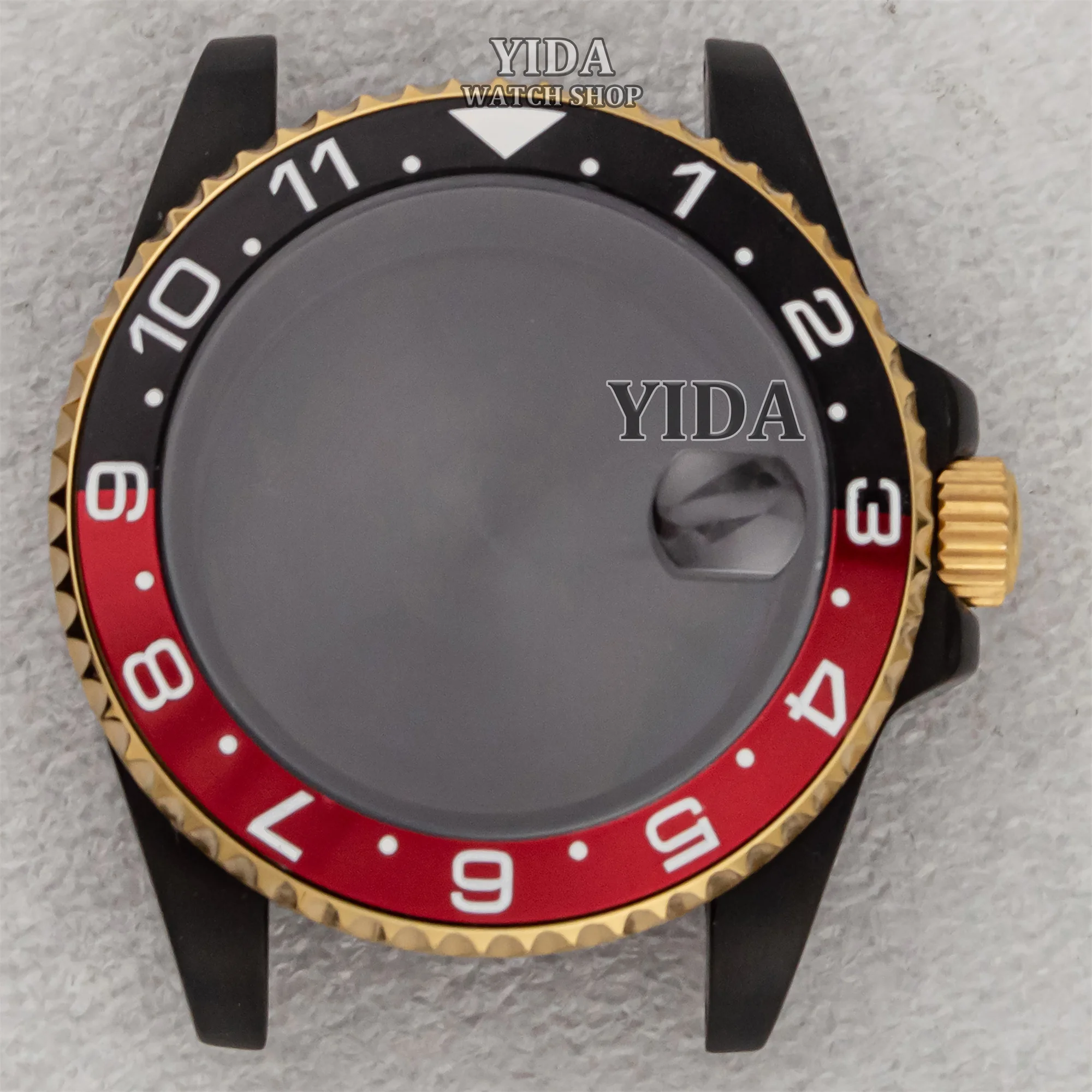 Sub gmt caixa de relógio 40mm pvd preto cristal safira 10atm waterpoof caber nh34 nh35 nh36 movimento automático mod acessórios