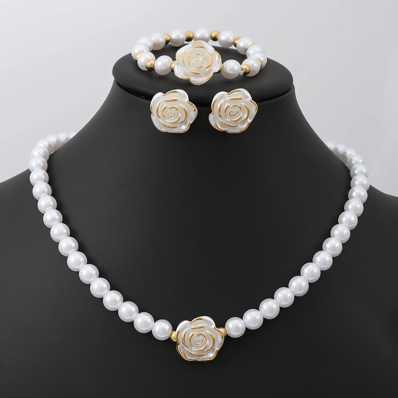 Fashion Camellia Jewelry Set Elegant Imitation Pearl Necklace+Bracelet+Earring Set Women's Jewelry Dating Wedding Vacation