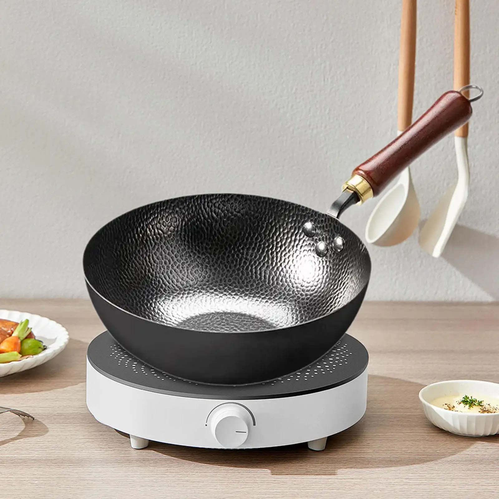 Nonstick Wok Chinese Wok with Hanging Hook Cookware Frying Wok Pan Flat Bottom Wok for Camping Kitchen Gas Stove