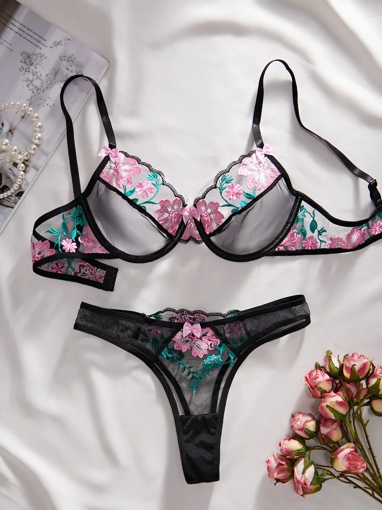 ECTOOKO 2024 Flower Embroidered See-Through Mesh Sexy Contrasting Erotic Lingerie Two-Piece Set