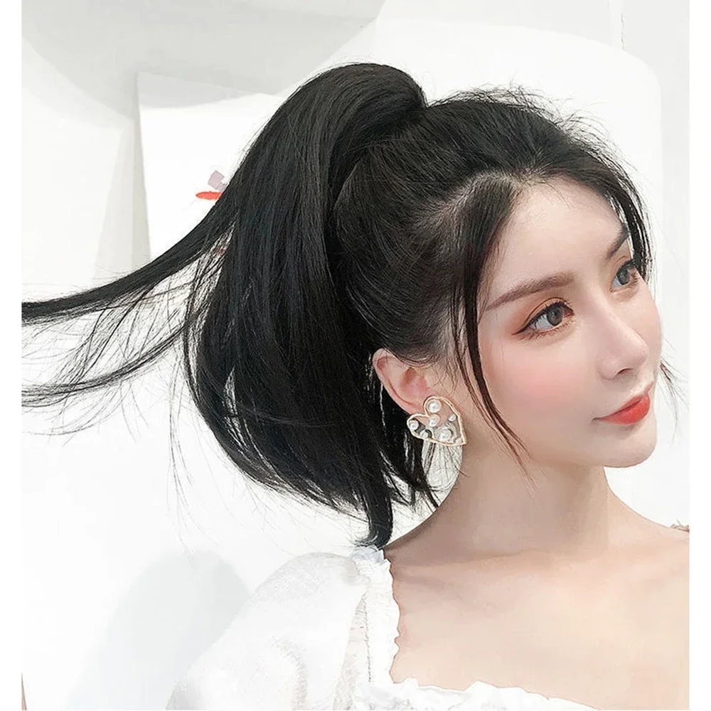 38cm Short Straight Ponytail Clip-on Wigs for Women Natural Fluffy Slightly Warped Fake Pony Tail Hair Extensions