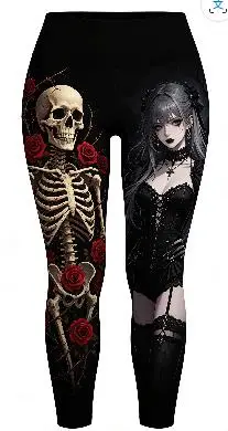 Women Mid‑Rise Fleece Lined Leggings, Halloween Witch Skeleton Dead Tree Art Print Slim Stretch Cosplay Party Pants