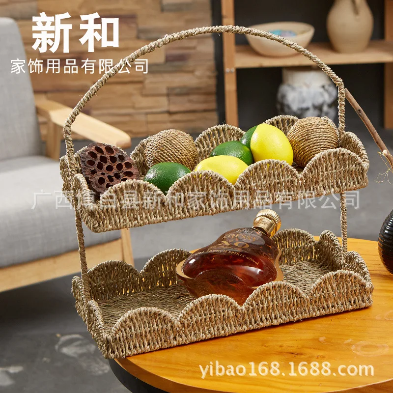 Picnic rack rattan basket Straw basket Pastoral tabletop finishing storage rack Second-tier storage rack Storage basket