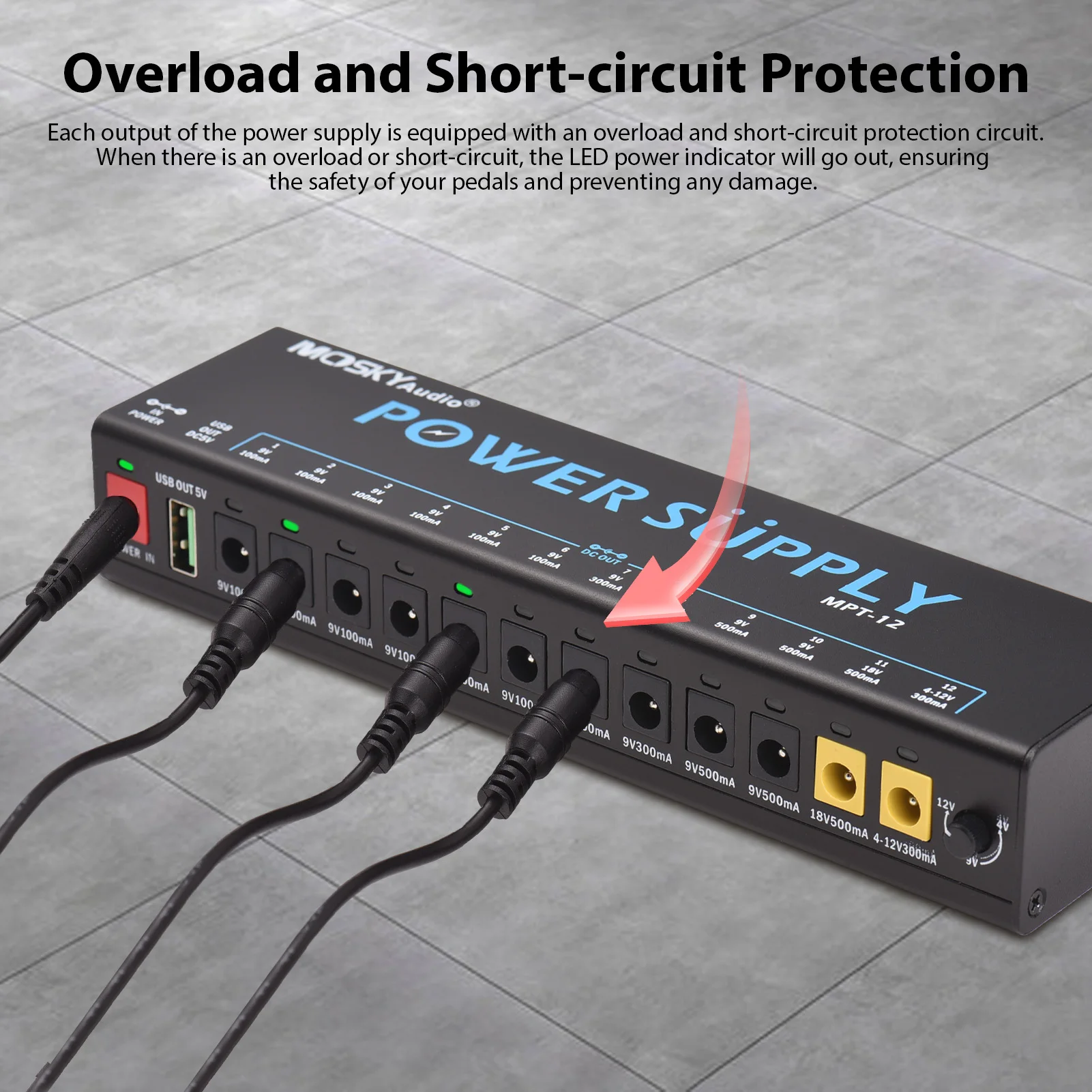 

MOSKYAUDIO 12-Channel Guitar Pedal Power Supply with Independent Short Circuit Protection LED Power Indicator USB Output Pedal